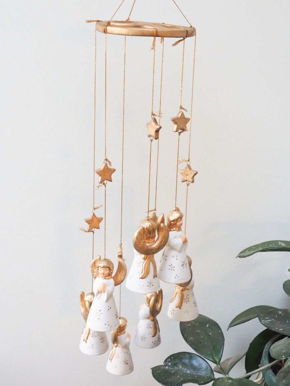 Vtg Ceramic Angel Christmas Wind Chime - Vintage Xmas Angel Windchime Mobile